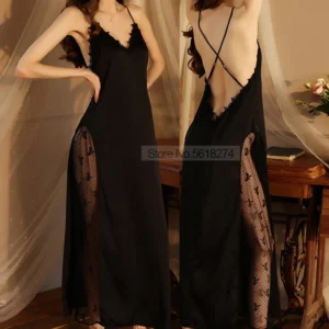 Women Backless Nightgown Satin Sleepdress Lace Patchwork Nightwear Ultra Long Loungewear