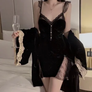 Sexy Backless Black Nightgown Set Female Chest Pad Lace Stitching Sparkling Velvet Nightgown