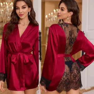 Sexy Lace Back Perspective Robe Intimate Lingerie Female Sleepwear