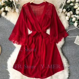 Women Chiffon Kimono Bride Wedding Robes Sexy Lace Patchwork Nightgown Short V Neck Sash Nightie Dress Transparent Lingerie