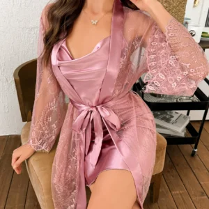 Hot-selling solid-color polyester nightgown lace see-through robe for women 2pcs set